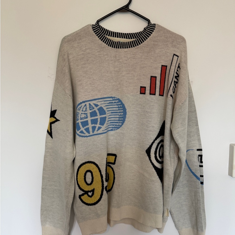 Beige Graphic Crewneck Sweater